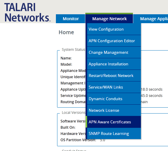 This screen capture shows the Manage Networks menu.