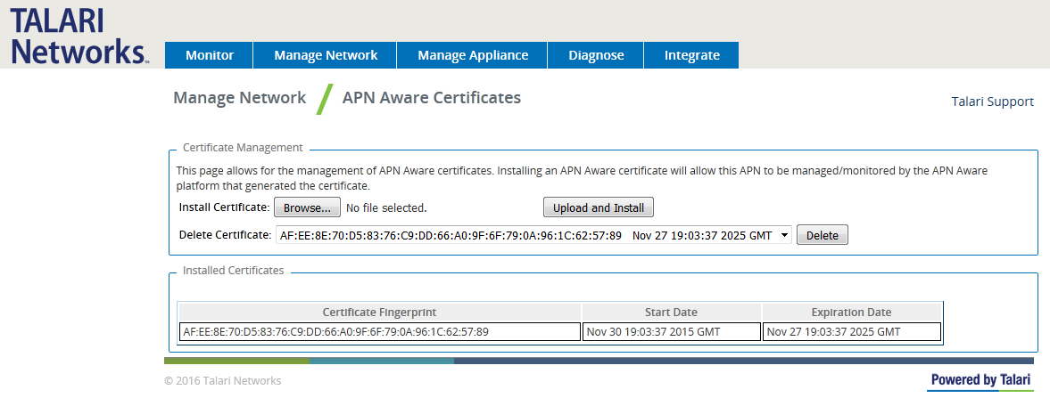This screen capture shows the Manage Network APN Aware Certificates dialog.