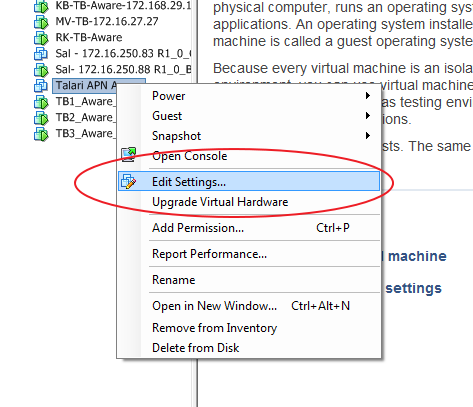 This screen capture shows the Edit Settings choice.