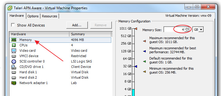 This screen capture shows the memory settings dialog.