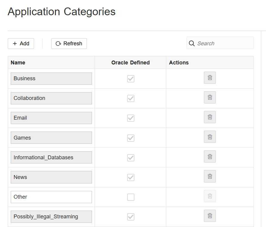 Screenshot showing the application categories options