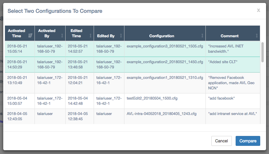Image showing the select two configurations to compare screen