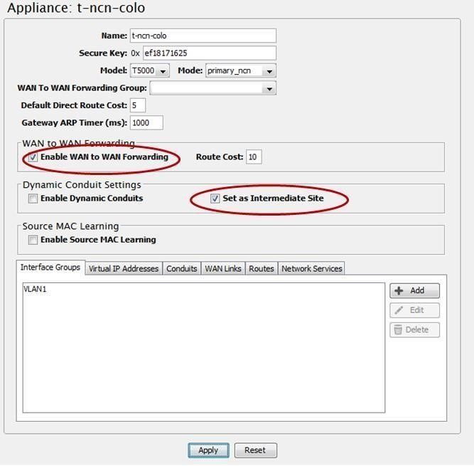 Image showing where to enable WAN to WAN forwarding and dynamic conduit settings.
