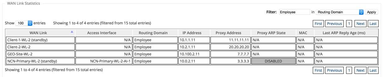 Image showing WAN link statistics filtered by employee routing domain