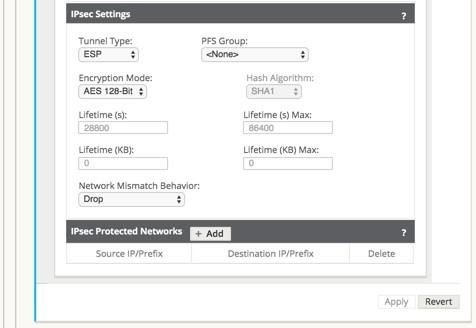 Image showing IPsec settings and IPsec protected networks