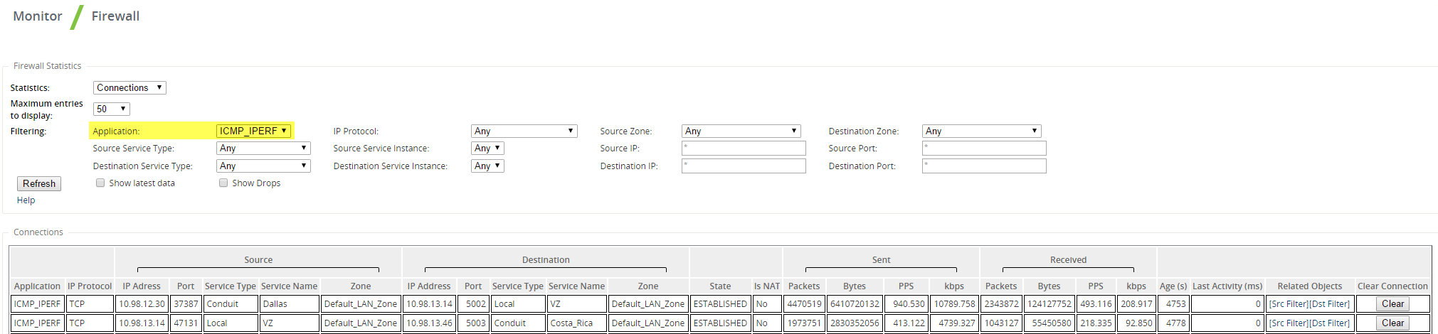 Image showing how to filter firewall statistics by application