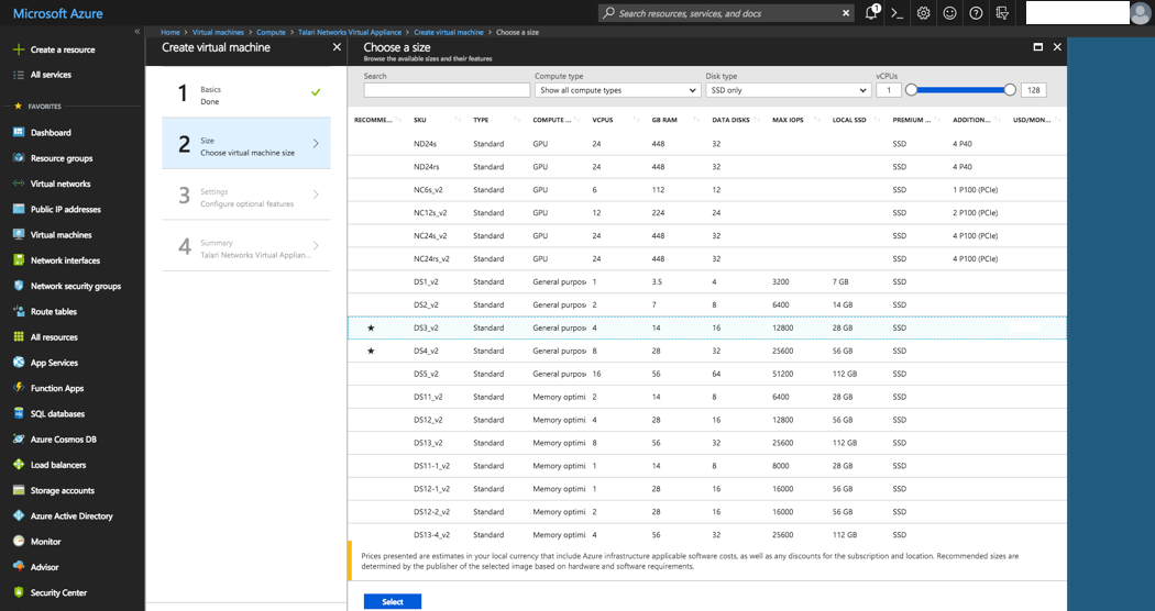 Create Virtual Machine: Select a VM Size Create Virtual Machine: Select a VM Size