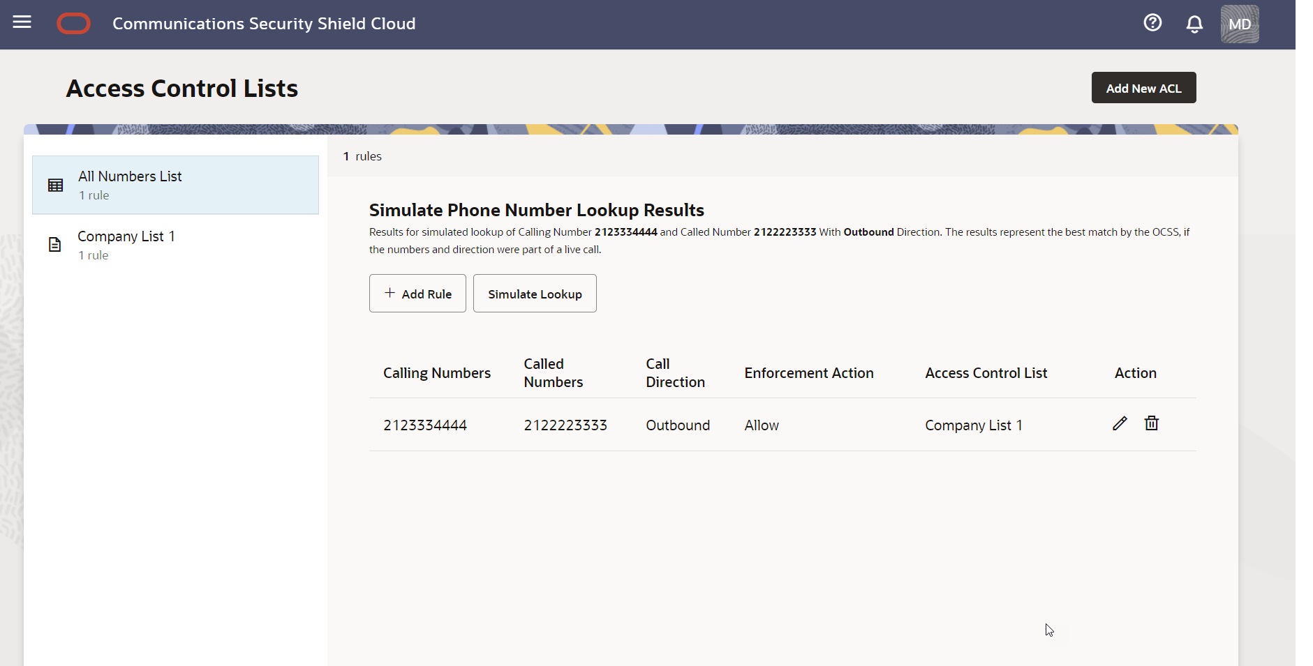 This screen capture shows a partial phone number entered in the Search field and the resulting list of numbers.