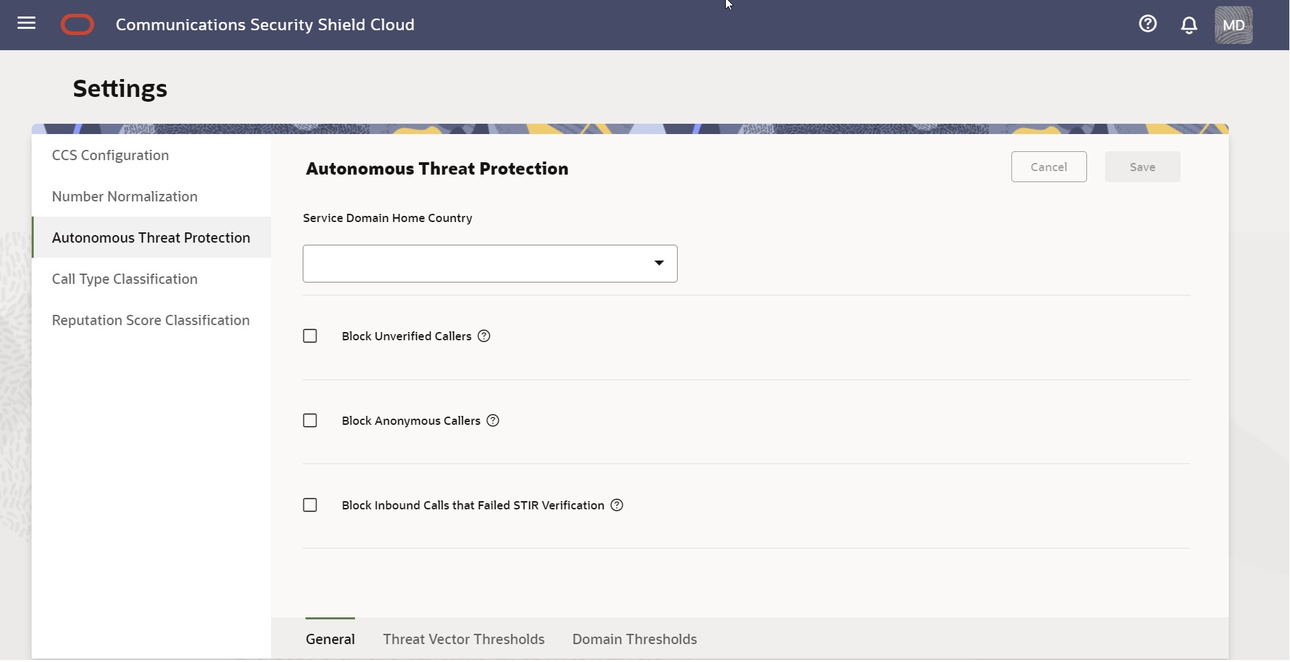 This screen capture shows the Setting page with the tabs for thresholds for General, Threat Vector Thresholds, and Domain Thresholds settings.