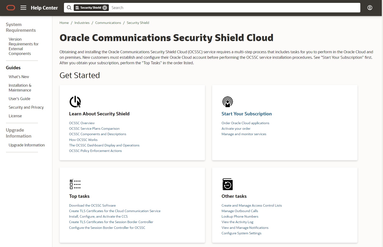 This screen capture shows the Help Center landing page for Security Shield documentation.