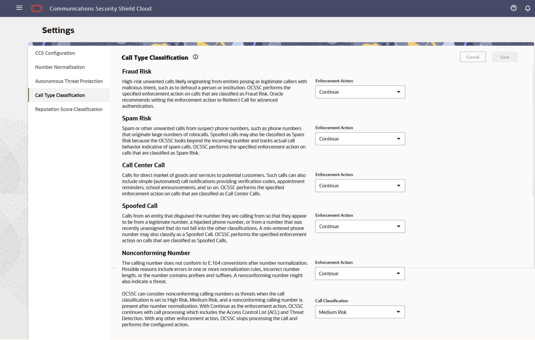 This screen capture shows the Call Type Classification page, which describes the classifications available for Premium subscribers and displays the controls that you use to define the enforcement action per call type.
