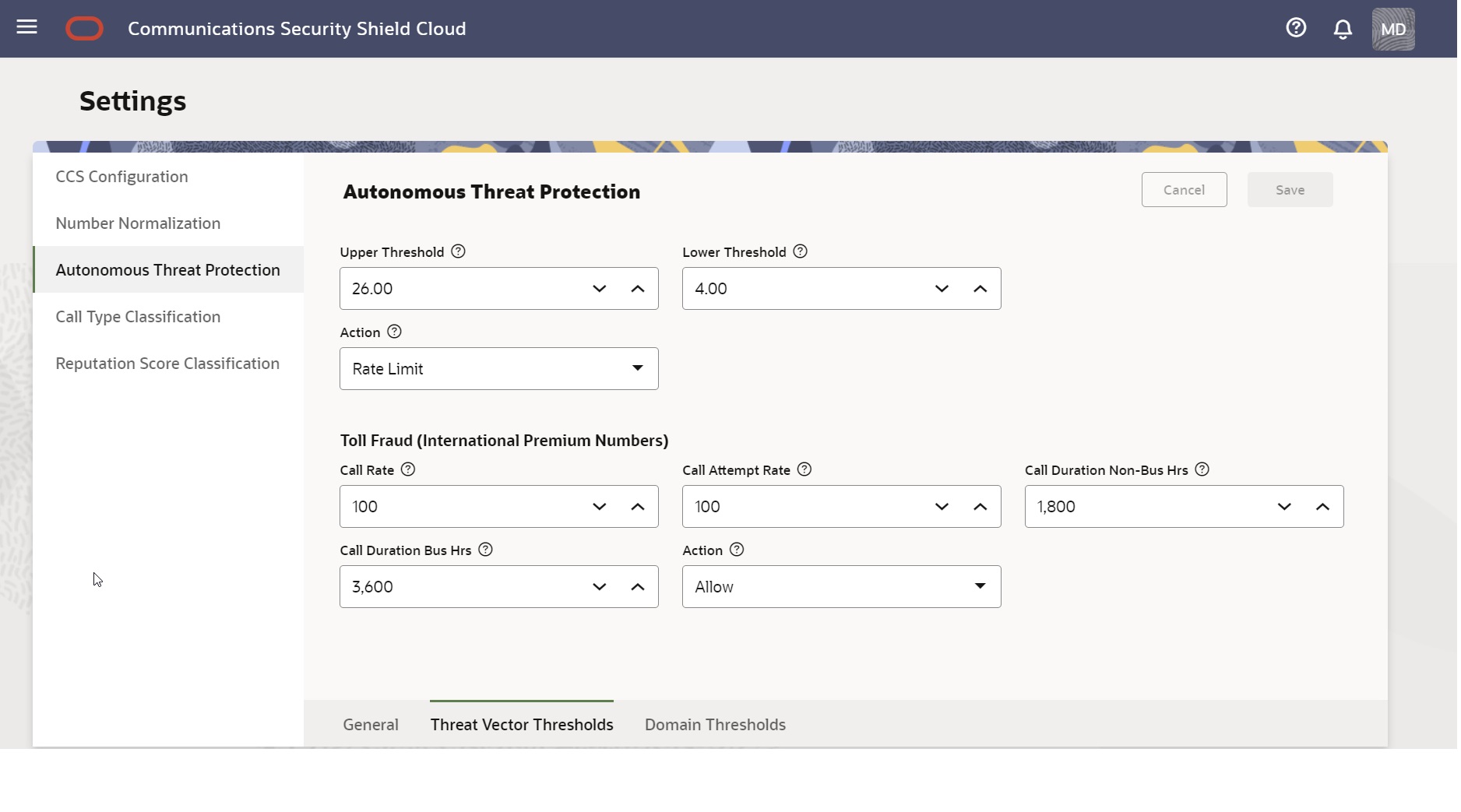This screen capture shows the Threat Vector Thresholds dialog where you can change the default settings for telephony denial of service, traffic pumping, and toll fraud for international numbers to suit your needs.