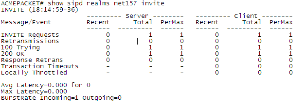 ACLI output for the show sipd realms command, with extra-method-stats disabled. ACLI output for the show sipd realms command, with extra-method-stats disabled.