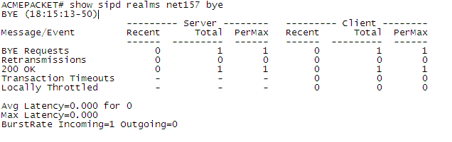 ACLI output for the show sipd realms command, with extra-method-stats disabled. ACLI output for the show sipd realms command, with extra-method-stats disabled.