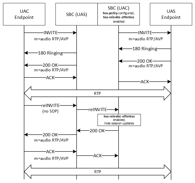 The image shows the SBC hiding session updates when a reINVITE with no SDP is sent.