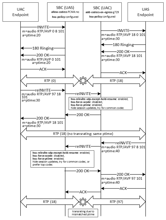 The image shows the call flow for hiding session updates and enforcing a common ptime.