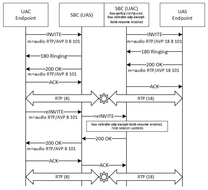 The image shows the SBC hiding session updates when SDP changes on a reINVITE.