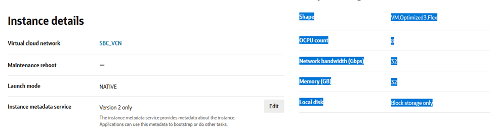 This image depicts a vSBC instance details from OCI.