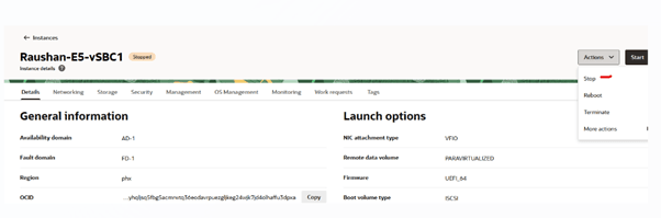 This image directs you to the control you use to stop your instance from OCI.