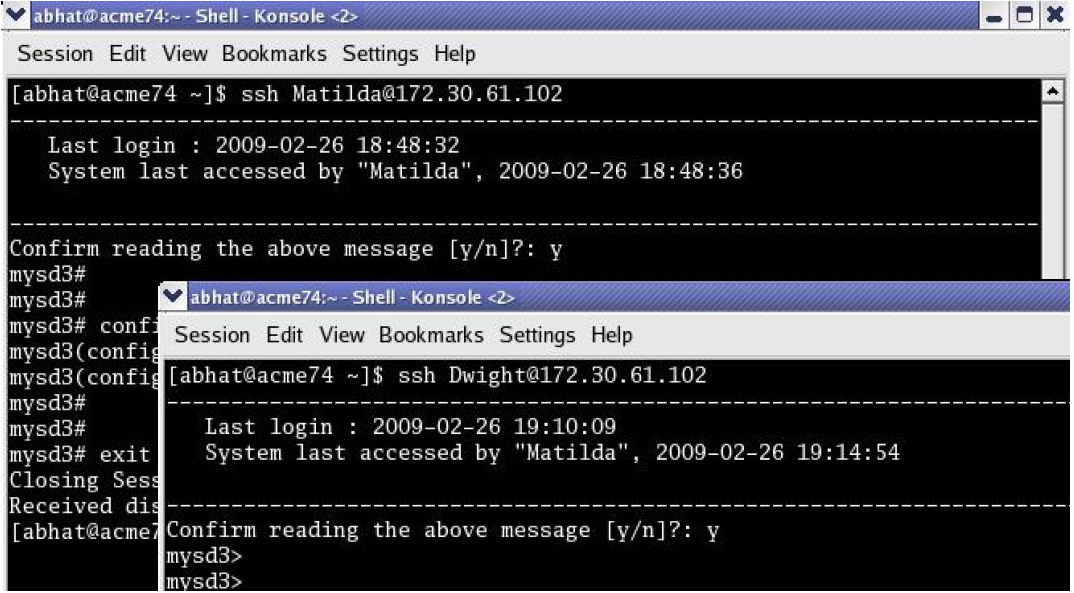 The following screenshot of the CLI shows the successful SSH-public-key based authentication of Matilda, who has logged in with admin privileges, and Dwight who has logged in with user privileges.