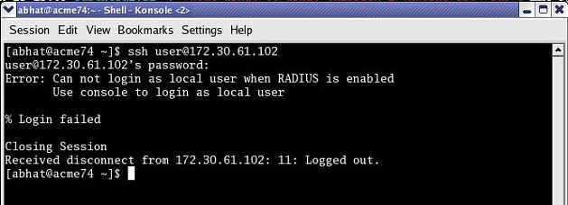 This screenshot of the CLI shows the rejection message when a user attempts to login via SSH and authenticating with RADIUS.