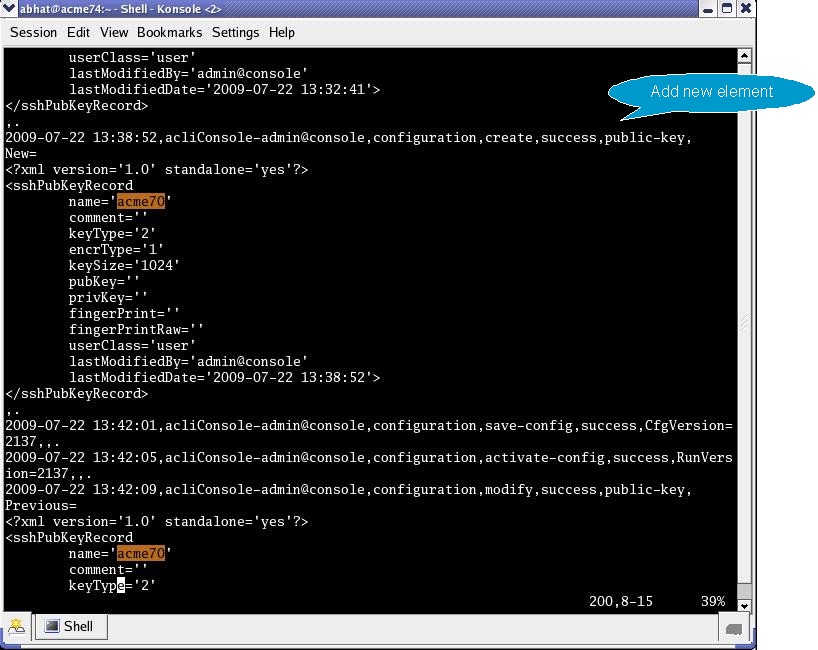 This screenshot of the CLI shows a sample create element reporting audit log entry.