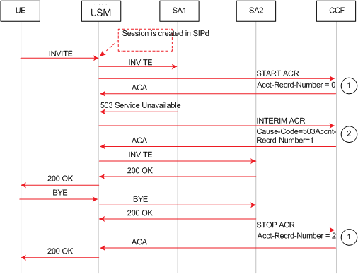 The 5xx server failure interim ACR call flow is described above. The 5xx server failure interim ACR call flow is described above.