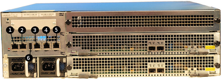 Rear view of Acme Packet 6300 with management ports labeled. Rear view of Acme Packet 6300 with management ports labeled.