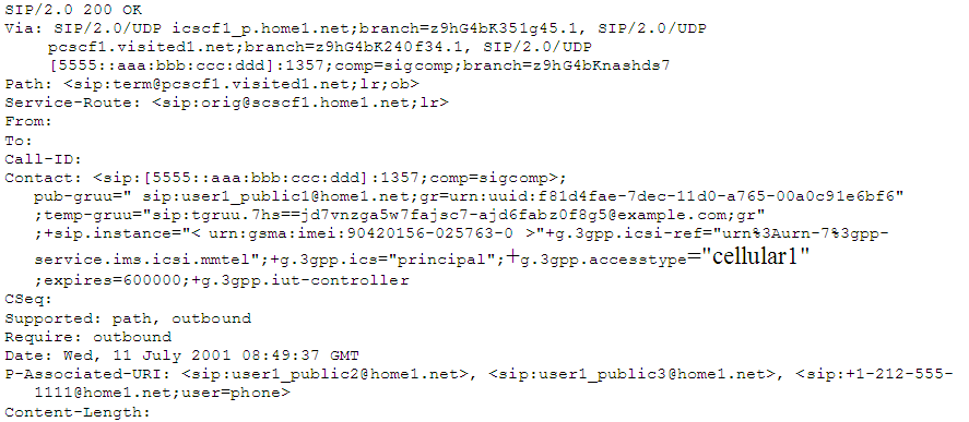 This image shows an example of the SIP 200 OK from S-CSCF.