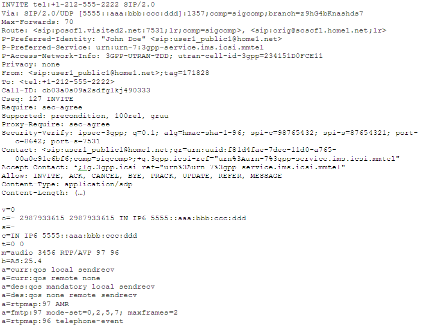 This image shows an example of the SIP INVITE the UE sends to the ATCF/P-CSCF.