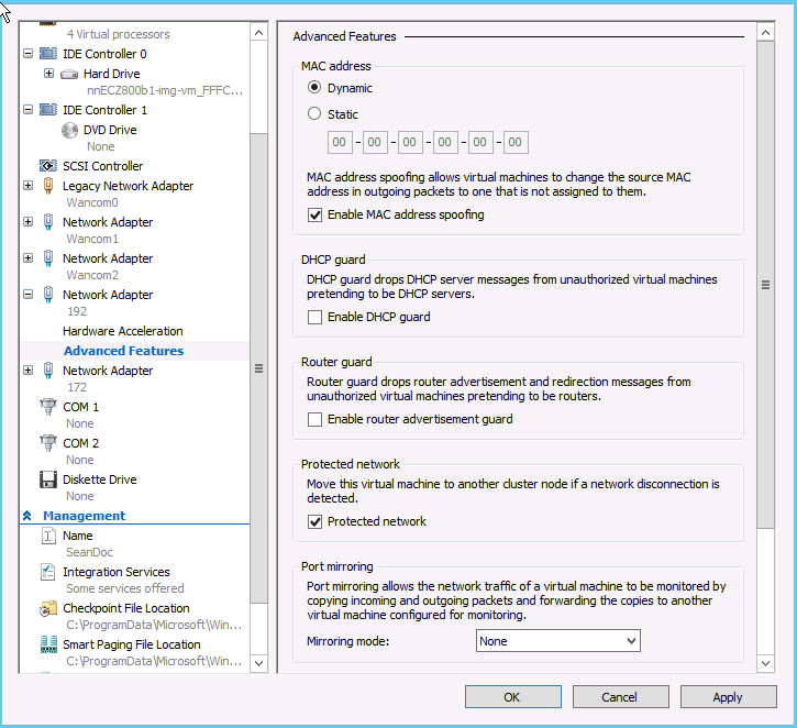 This screenshot displays a Virtual Machine's setting on Hyper-V with a media network adapter's advanced feature set to enabled MAC address spoofing.