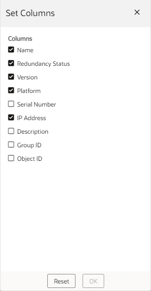This screenshot shows the Set Columns popup window.