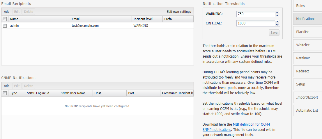 Notification Settings for an Email Recipient