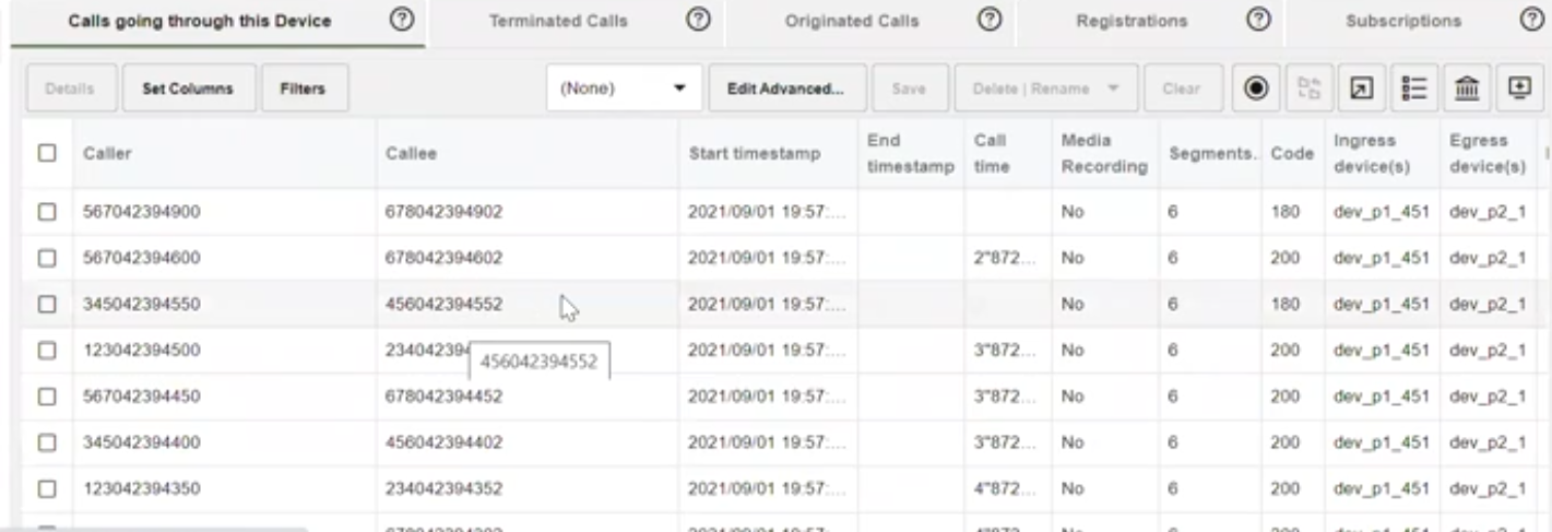 Calls going through this device tab Calls going through this device tab