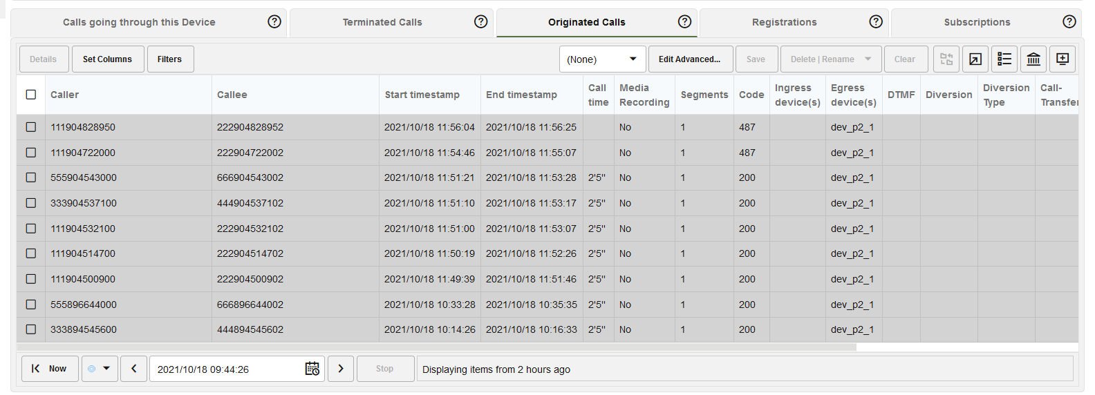 Originated Calls Tab Originated Calls Tab