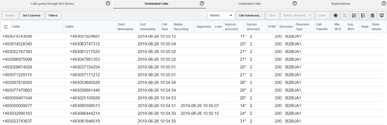 Termincated calls tab Termincated calls tab
