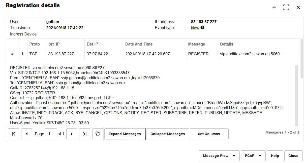 Registration Details Window with One Expanded Raw Message Registration Details Window with One Expanded Raw Message