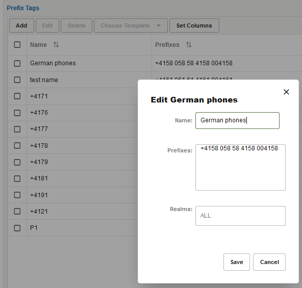 Prefix Tags page and the edit dialog box that is used to edit existing phone prefix tags