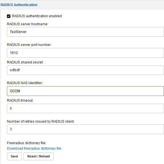 RADIUS authentication enabled page