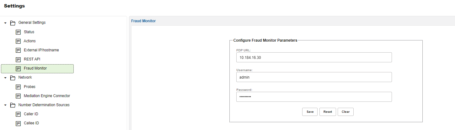 This figure shows the configuration screen for Fraud Monitor under settings page.