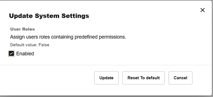 Update System Setting window allows the administrator to assign user roles with pre-defined permissions