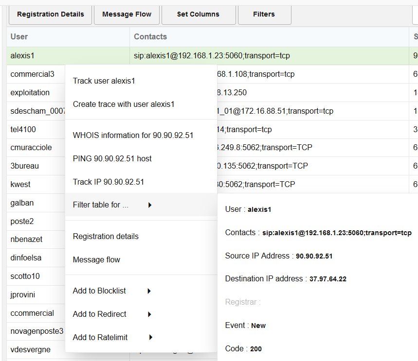 Registrations page - right-click menu options.