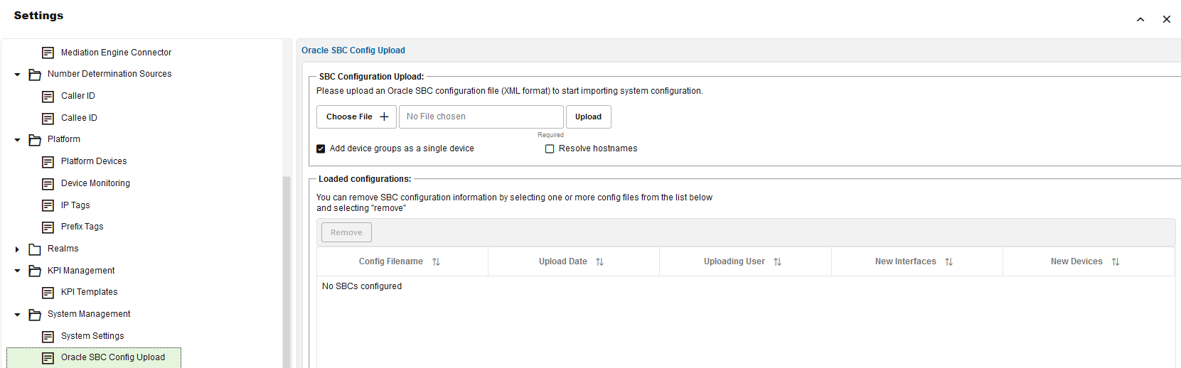 Screen capture of the Operations Monitor Settings page. The Oracle SBC Config Upload page can be found under the System Management folder