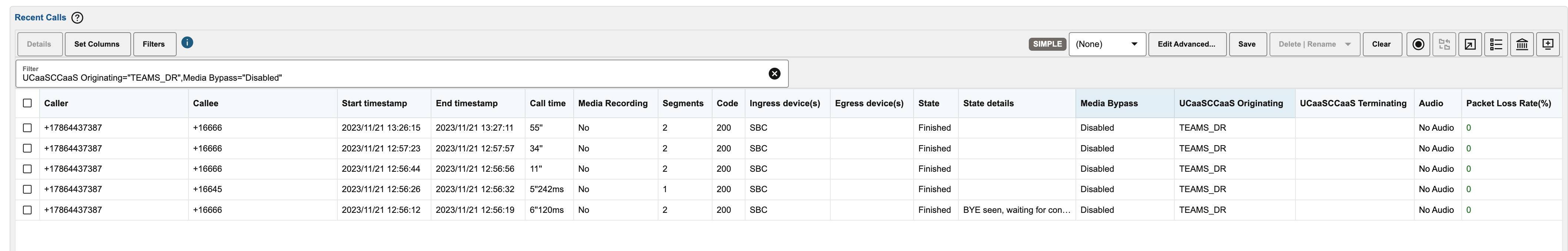 UCaaS CCaaS Columns in Text-based Filter Search