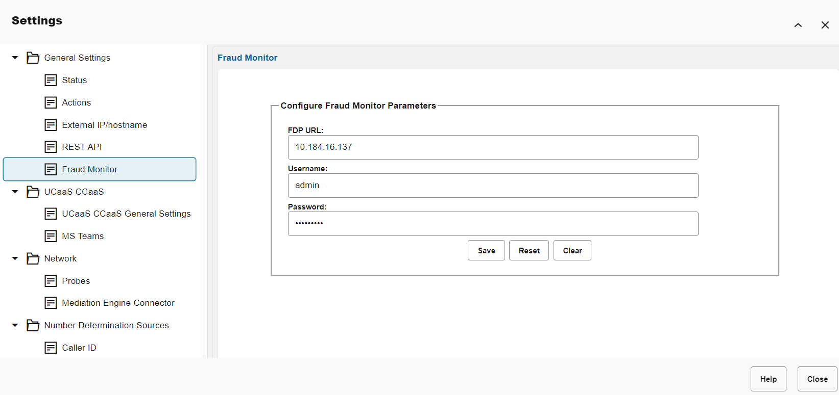 This figure shows the configuration screen for Fraud Monitor under settings page.