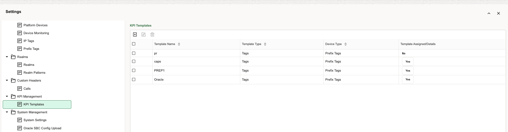 KPI templates page