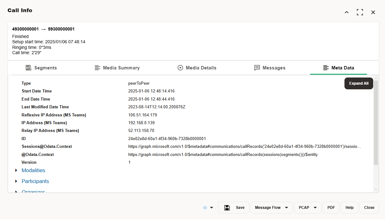 Meta Data tab in Call Info window Meta Data tab in Call Info window