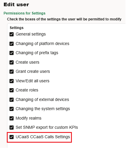 'UCaaS CCaaS Calls Settings' permission 'UCaaS CCaaS Calls Settings' permission
