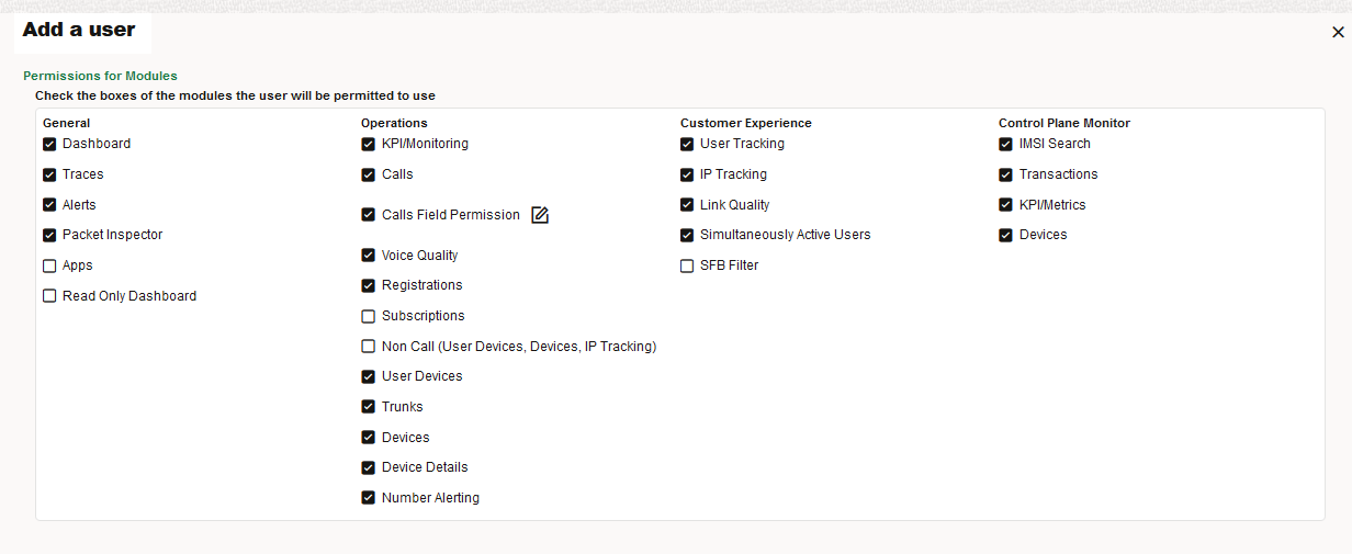 Setting Permissions for Modules for a New User Setting Permissions for Modules for a New User