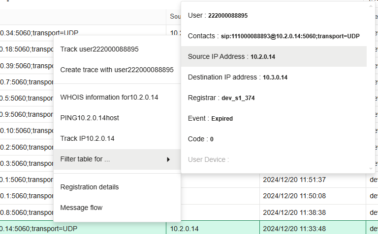 Registrations Table - right-click contextual menu Registrations Table - right-click contextual menu